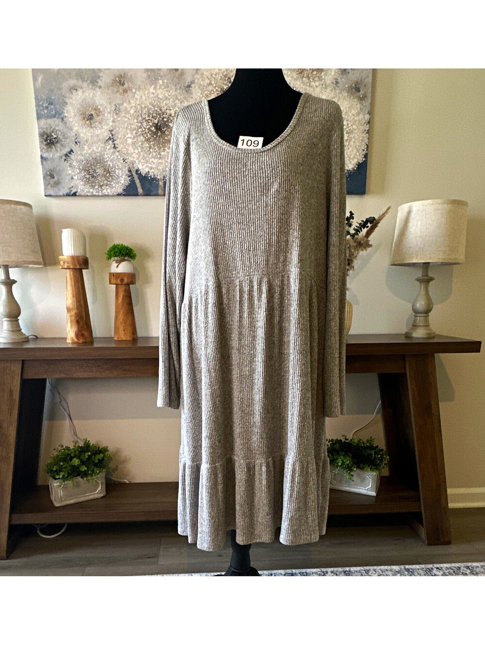 Pink Rose Gray Solid Knit Stretch Scoop Neck Tiered Swing Midi Dress 3X
